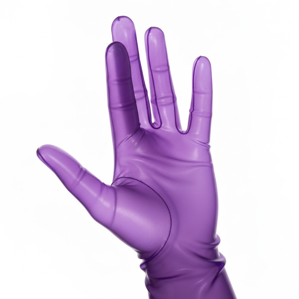 Guantes quirúrgicos morados con palma hacia arriba